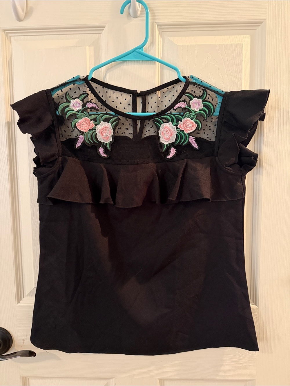 Women’s Black Ruffle Top with Pink Floral Embroidery